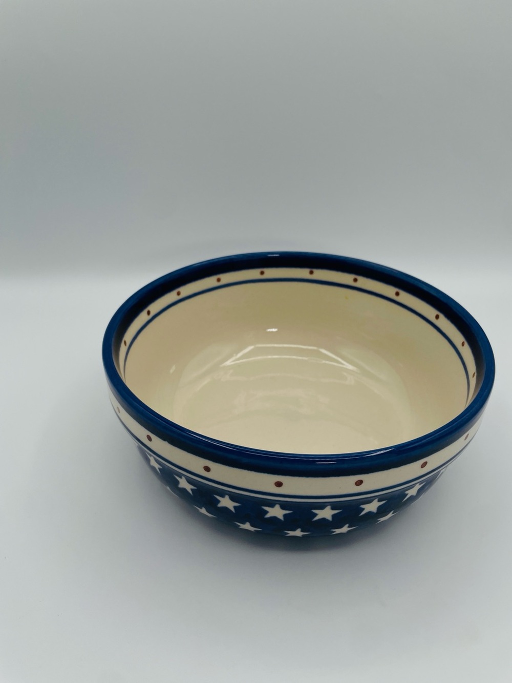Boleslawiec Polish Pottery Stars & Dots 7.5” Serving  Bowl Handmade Patriotic